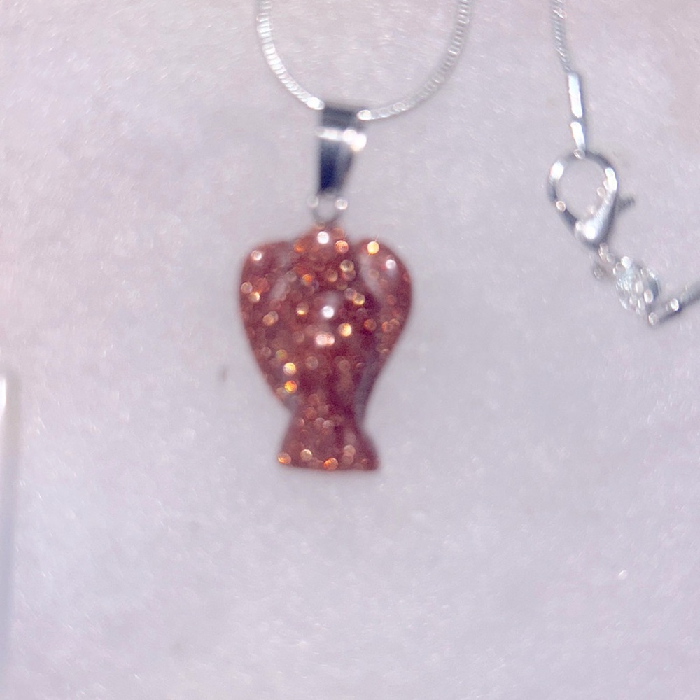 Boho Goldstone Crystal Angel Sterling Silver Necklace 16”